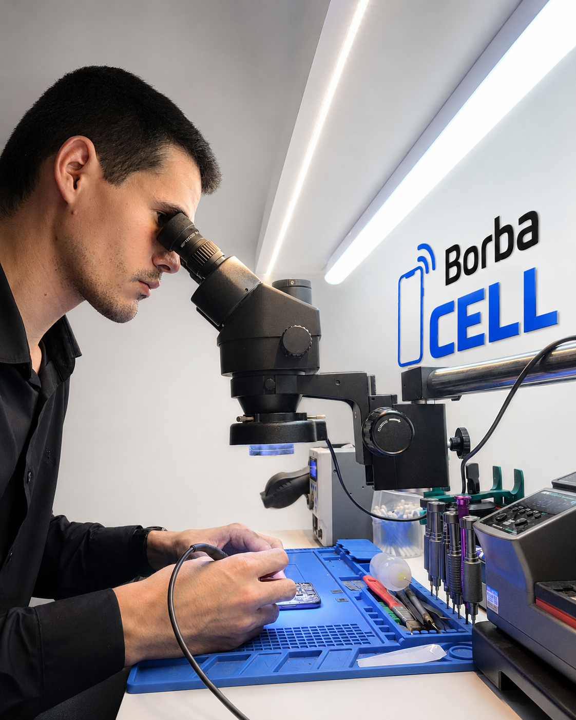 Técnico da Borba Cell realizando manutenção de celular na bancada